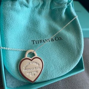 Authentic Tiffany & Co silver RTT Heart Tag Charm red border pendant w/ chain